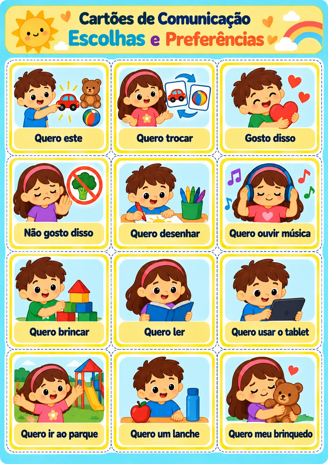 Cartões de comunicação, escolhas e preferências: brincar, ler, desenhar, ouvir música, pedir um lanche e expressar gostos