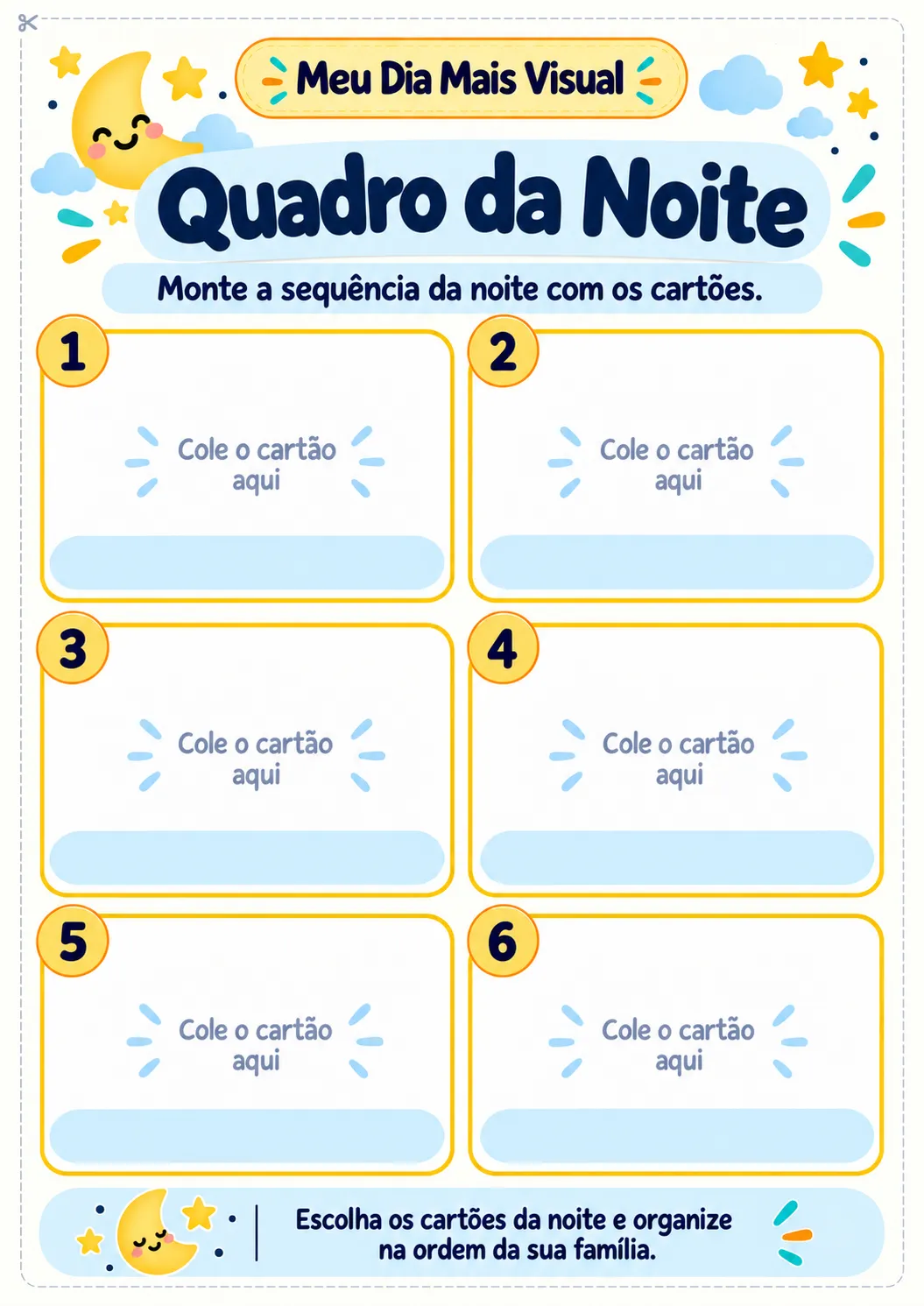 Quadro da noite com seis espaços numerados para organizar os cartões da rotina noturna da família