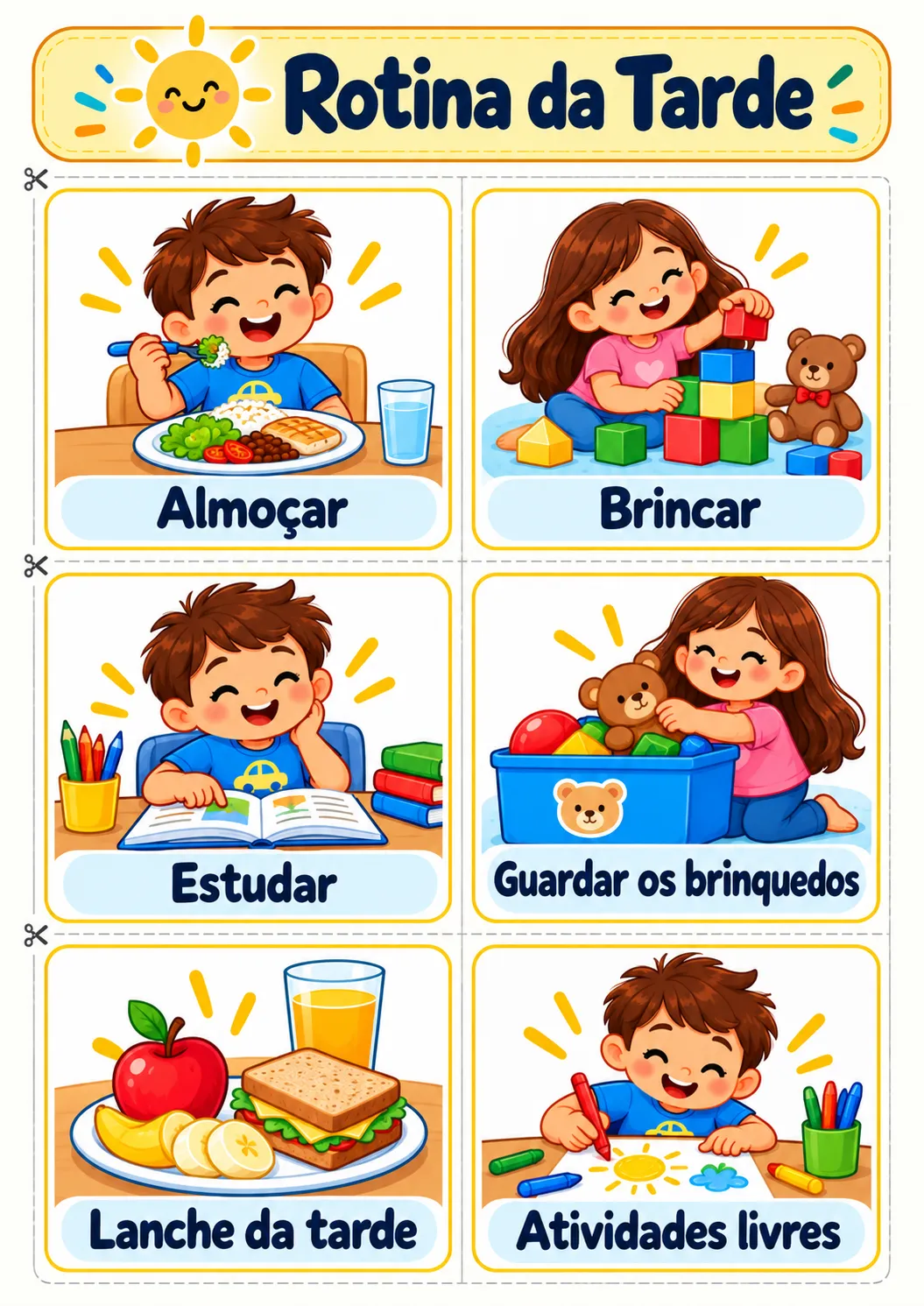 Rotina da tarde: almoçar, brincar, estudar, guardar os brinquedos, lanche da tarde e atividades livres